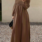 Loose Puff Sleeves Elasticity Pleated Solid Color Off-The-Shoulder Maxi Dresses