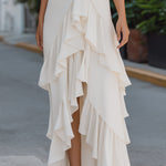 Elegant Spaghetti Strap Asymmetrical Ruffle Maxi Dress