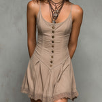 Boho Chic Beige Button-Front Strap Mini Dress With Lace Hem