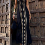 Meret Gold Geometric Print Halter Backless Stretch Maxi Dress