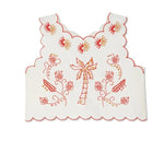 Sunny Day Linen Blend Contrast Embroidered Print Scallop Trim Lace-up Top