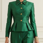 Elasticated Waist High Waisted Buttoned Contrast Color Ruffled Split-Joint Lapel Blazer Blouses&Shirts Tops