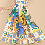 Joyful Glow Goddess Linen Blend Unique Print Pocketed Smocked Back Midi Dress