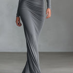 Women's Grey Elegant Stretch - Polyester-Cotton Blend Ruched Open - Back Maxi Dress
