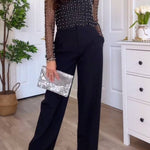 Sheer Long-Sleeved Blouse with Pearl Embellishments