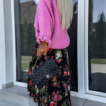 Solid Color Round Neck Ruffled Long Sleeve Knitted Sweater