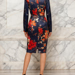 Bodycon Elasticated Waist Contrast Color Flower Print Split-Joint Lapel Midi Dresses