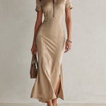 Elegant Satin Midi Dress With Half-zip Closure And Side Slit