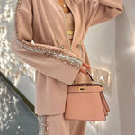 Edan Textured Knit Sequin Patchwork Drawstring Zipper Sweatshirt and Stretch Wide Leg Pants Set