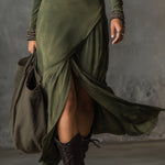 Bohemian Washed Cotton Half-zip Hem Slit Midi Dress