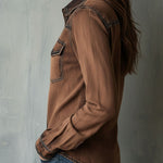 Vintage Brown Washed Contrast Stitching Utility Zip Shirt Jacket
