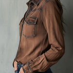 Vintage Brown Washed Contrast Stitching Utility Zip Shirt Jacket