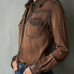 Vintage Brown Washed Contrast Stitching Utility Zip Shirt Jacket