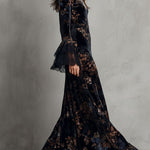 Midnight Floral Velvet Flowing Gown With Lace-Trim Bell Sleeves