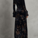 Midnight Floral Velvet Flowing Gown With Lace-Trim Bell Sleeves