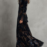 Midnight Floral Velvet Flowing Gown With Lace-Trim Bell Sleeves