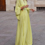 Raglan Sleeve Pleated Split-Joint V-Neck Maxi Dresses