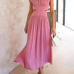 Cap Sleeve Belly-Hollow Pleated Solid Color Stand Collar Maxi Dresses