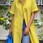 Loose Short Sleeves Buttoned Pockets Solid Color Stand Collar Blouse Outerwear Midi Dress