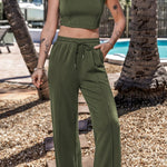 Jungle Green Solid Cropped Tank Top and Wide Leg Pants Set
