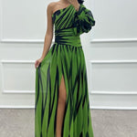 One-Shoulder Rose Detail Patterned Design Dress