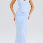 Neck Wrapped Strapless Corset Bodycon Maxi Skirt 2pcs Set-Blue