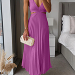 V Neck Cut Out Waist Sleeveless Pleated Maxi Dress