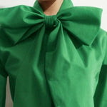 Loose Puff Sleeves Bowknot Solid Color Split-Joint Stand Collar Blouses&Shirts Tops