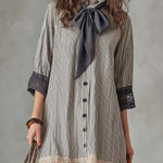 Elegant Casual Striped Cotton Shirt Dress With Bow Tie Detail.