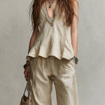 Bohemian Style Ruffled Vest & Straight-leg Pants Set With Lace Trim