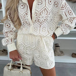 Good Weekend Crochet Lace Pattern Button Blouse and Elastic Waist Pocket Shorts Set