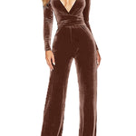 Solid Color Velvet Deep V Belt Slim Jumpsuit