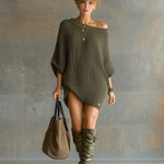 Women's Knit Loose Large Round Neck Batwing Sleeve Mini Dress
