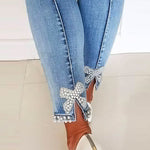 Margovil Bow Knot Pearl Beaded Pencil Denim Pants