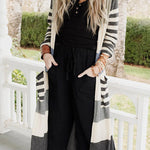 Striped Pockets Open Front Split Long Cardigan