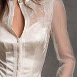 Elegant Lace-Panel Satin Blouse With Sheer Sleeves