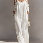 Women's Off-White Woven Dress With Oversized Silhouette & Side Pockets, Sophisticated Resort-Casual Style Dress