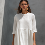 Women's Elegant White Cotton And Linen Blend Round Neck Short-sleeved Maxi Dress