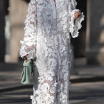 Solid Color Hollow Embroidery Loose Long Sleeve Midi Dress