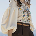 Long Sleeves Puff Sleeves Printed Off-The-Shoulder Blouses&Shirts Tops