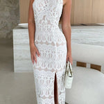 Paulette Unique Lace Halter Backless Slit Stretch Midi Dress