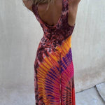 Boho Happiness Tie-dye Print Back Lace-up Stretch Maxi Dress  (With built-in bra)