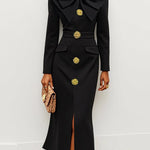 Long Sleeves Skinny Buttoned Solid Color Split-Front Stand Collar Midi Dresses Shirt Dress
