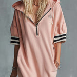 Casual Fashion Sporty Hooded Front Zipper Short-sleeved Cherry Blossom Pink Cotton Midi Dress