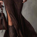 Vintage Brown Zipper Belted Maxi Dress