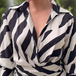 Long Sleeves Wide Leg Split-Joint Tied Waist Zebra Printed Lapel Jumpsuits