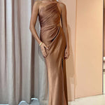 One Shoulder High Slit Ruched Evening Gown Cami Maxi Dress