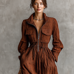 Women's Cotton And Linen Zipper Lapel Elastic Waist Maxi Dress