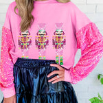 Pink Nutcracker Sequin Sleeve Patchwork Graphic Sweatshirt