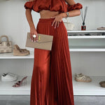 Jorie Satin Off Shoulder Puff Sleeve Crop Top and Elastic Waist Pleated Wide Leg Pants Set